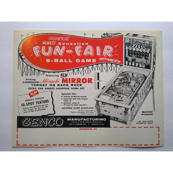 Fun Fair Pinball Flyer Genco Carnival Games Amusement Park Original NOS 1958 - Picture 2 of 5